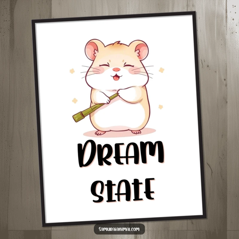 Funny digital art print of a sleepy hamster in a humorous kung fu stance, swinging a tiny bamboo staff with a happy, determined look.
