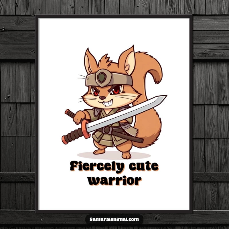 Funny squirrel samurai digital art print, playful character with wooden katana, determined grin, cute warrior illustration.