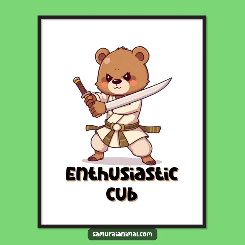 Funny Bear Cub Sword Digital Print: Energetic Cartoon Art for Instant Motivation