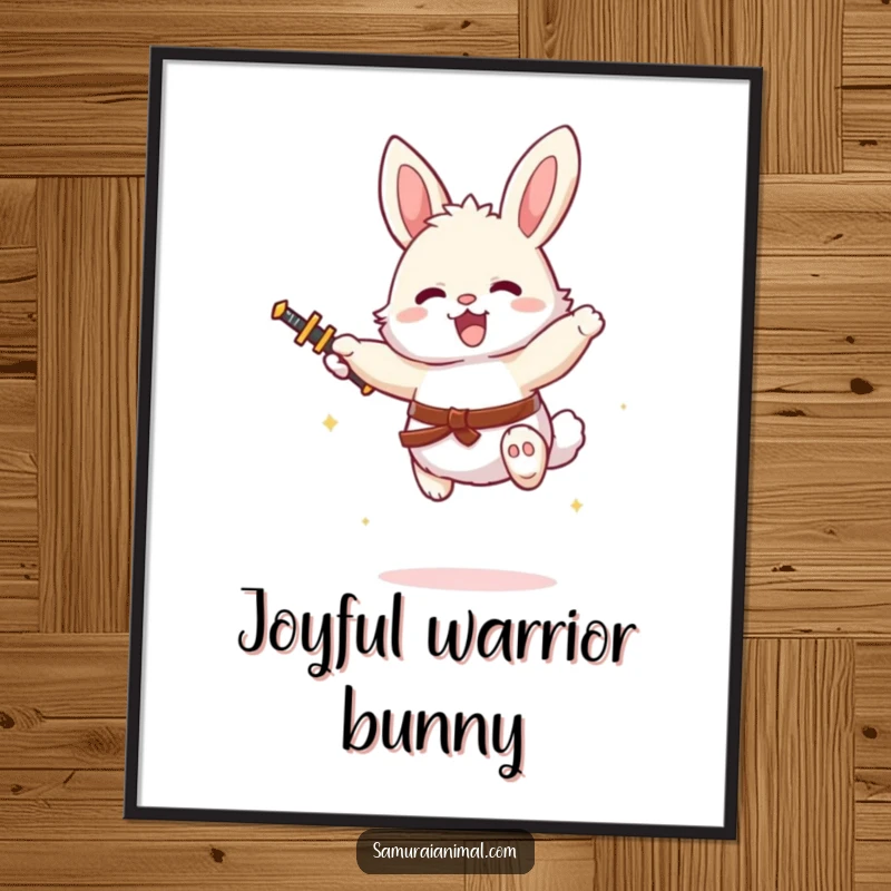 Funny fluffy bunny with a tiny sword, captured mid-leap with pure joy, a vibrant and humorous digital art print.