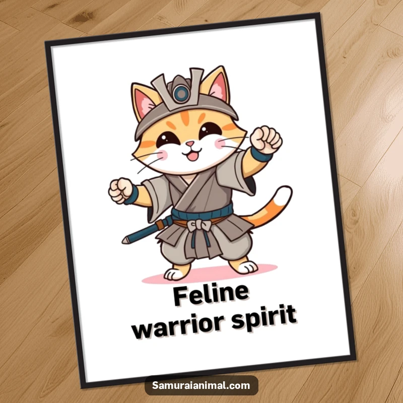 Funny digital art print of a cheerful cat confidently striking a dynamic samurai pose with a gentle smile, embodying fierce feline power.