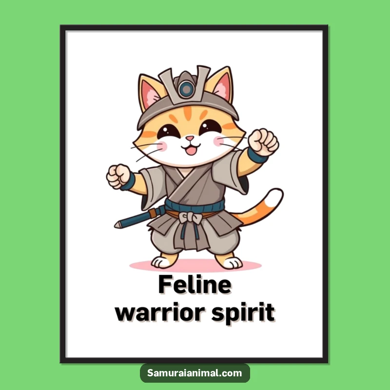 Funny Cat Samurai Digital Art: Fierce Warrior Print for Chic Decor