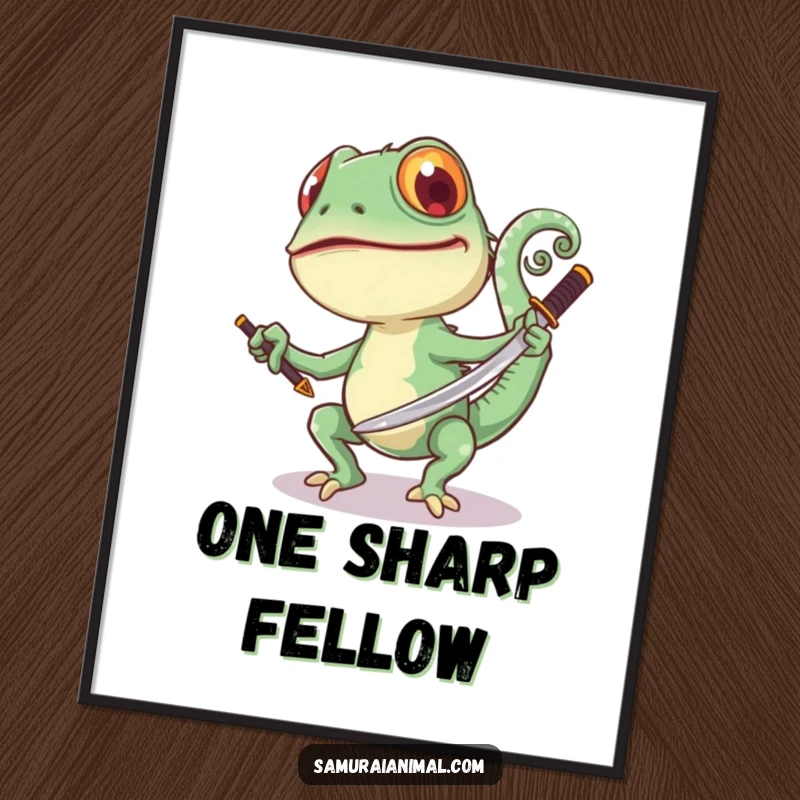 Funny Chameleon Sword Digital Art Print: A joyful chameleon swings a samurai sword, its tail curled, creating vibrant fantasy art.