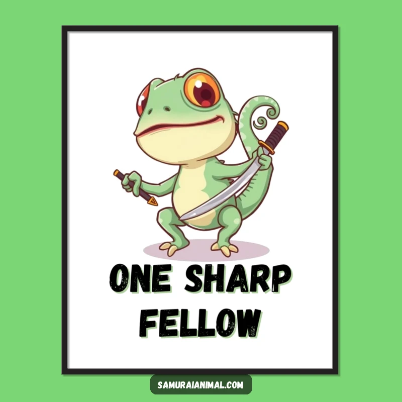 Funny Chameleon Sword Digital Art: Vibrant Playful Warrior Print