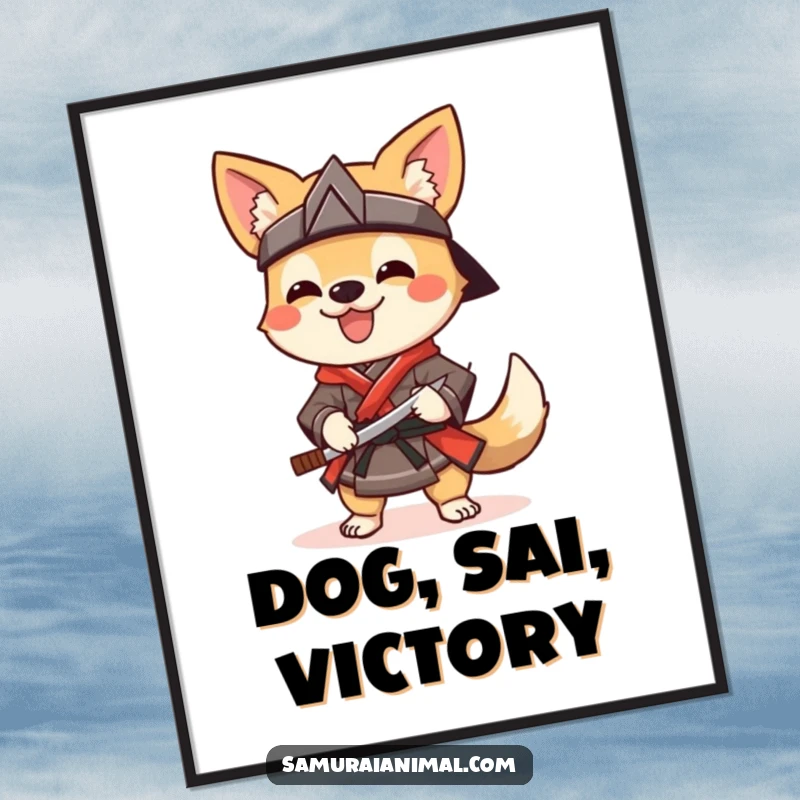Funny Digital Art Print of a cheerful dog dressed as a samurai, wagging its tail and holding a sai, designed for joy.