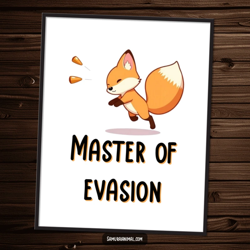 Funny digital art print of a small fox executing a swift, comical dodge from an imaginary, oversized projectile, perfect for humorous home decor.