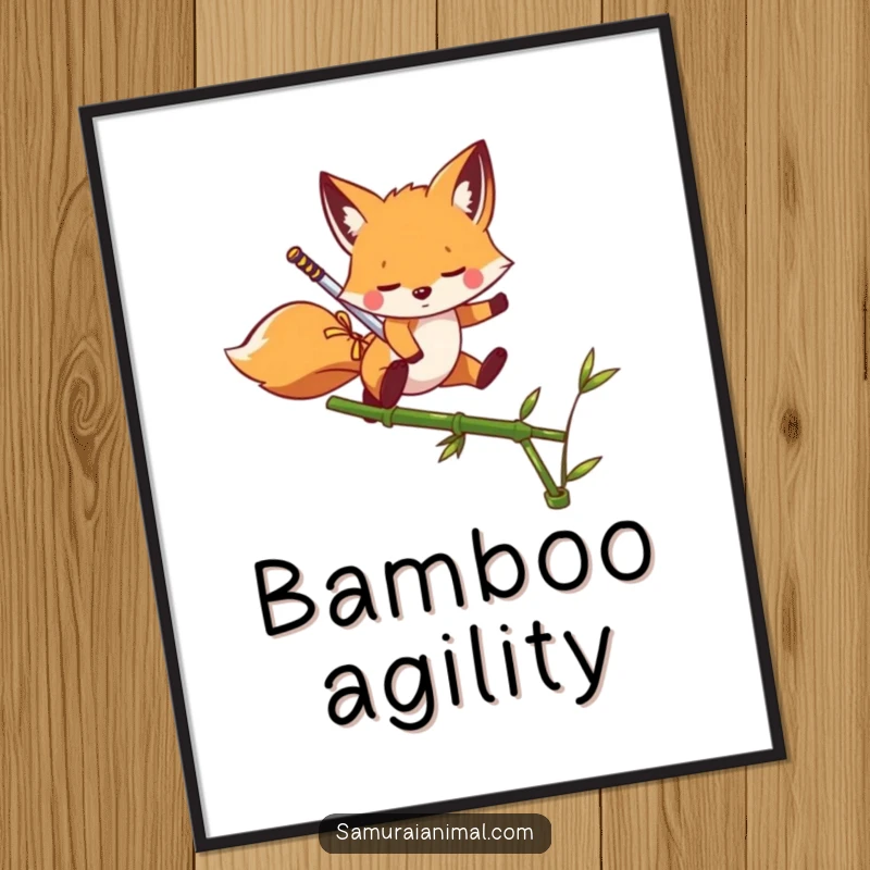 Funny Digital Art Print of a playful fox with a miniature sword leaping over a bamboo shoot.