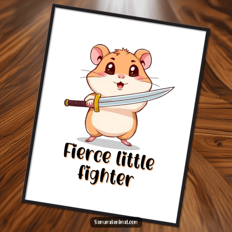 Funny hamster digital art print of a curious hamster with wide eyes executing a spinning sword attack, bringing instant humor.