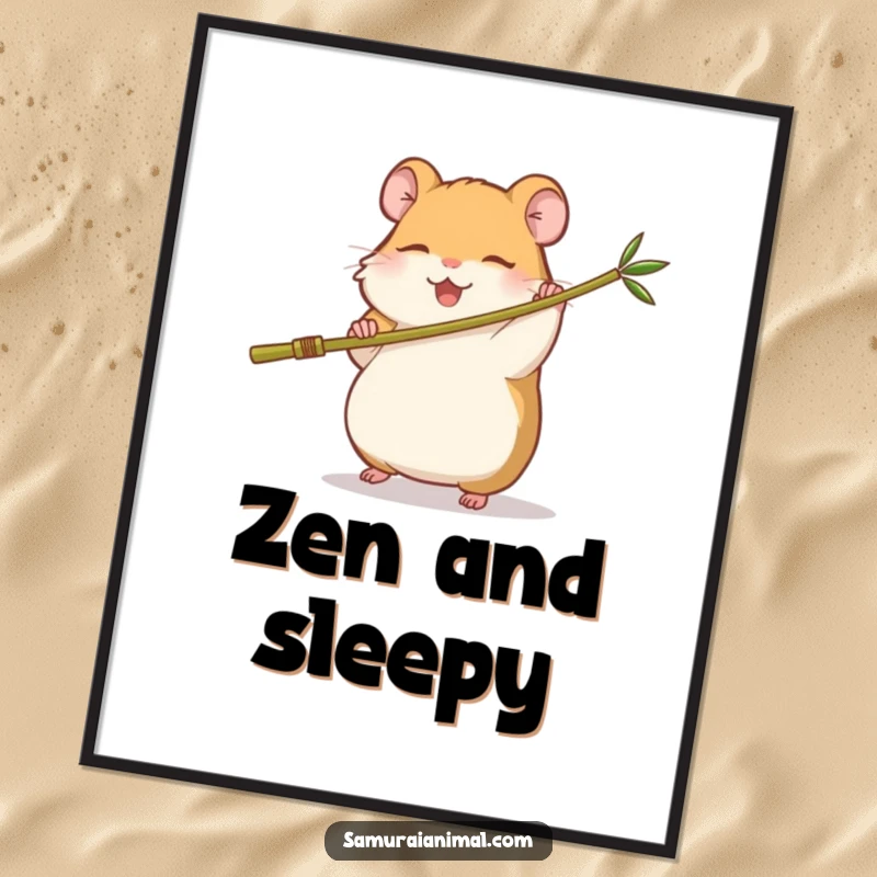 Funny digital art print of a small, sleepy hamster happily swinging a miniature bamboo staff, embodying a cute and joyful martial artist.