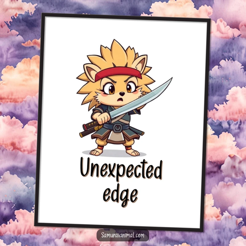 Funny Hedgehog Samurai Digital Art of a surprised hedgehog warrior performing a dramatic sword flourish.
