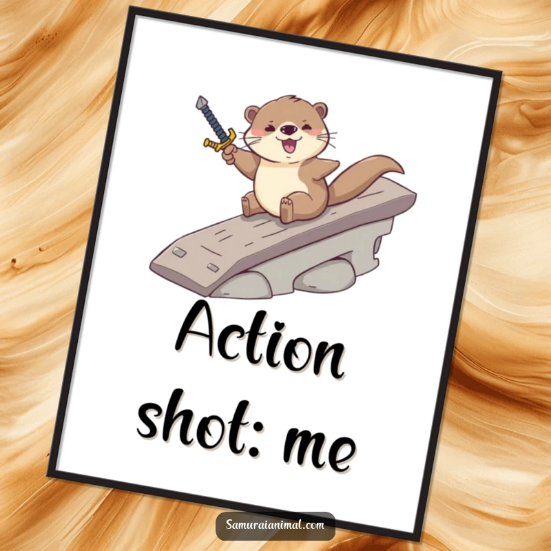 Funny digital art print of an otter sliding with a sword, capturing thrilling cartoon action and playful energy.