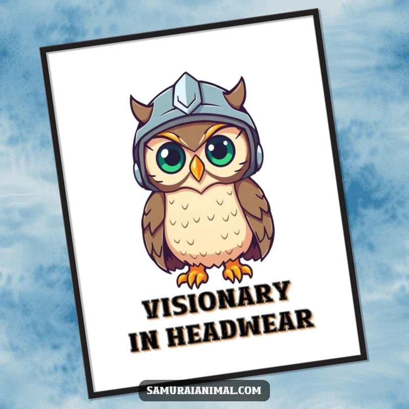 Funny digital art print of a wise owl in a helmet, eyes gleaming, exuding intelligence and a humorous observant nature.