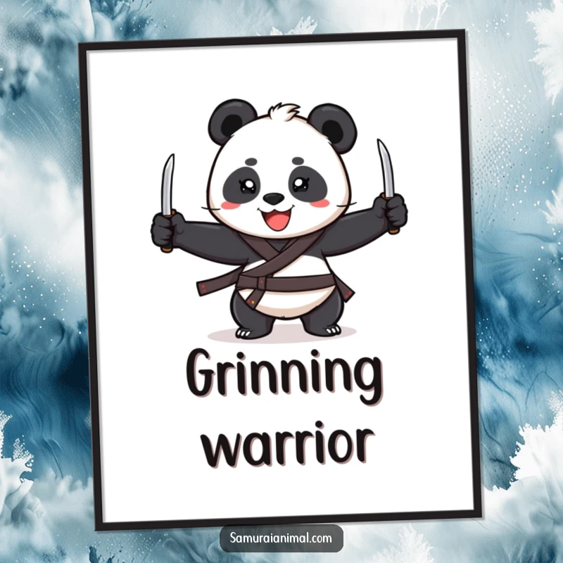 Funny Digital Art Print of a cheerful panda with a wide grin, juggling three tiny katanas.