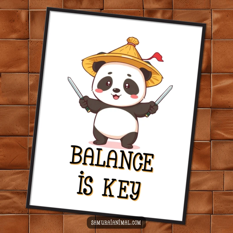 Funny Panda Juggling Digital Art: A happy panda in a straw hat skillfully juggling tiny swords, full of life.