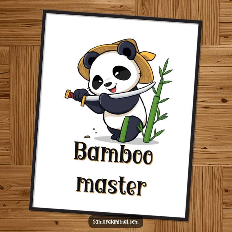 Funny digital art print of a smiling panda in a straw hat, intensely chopping bamboo with a miniature katana.