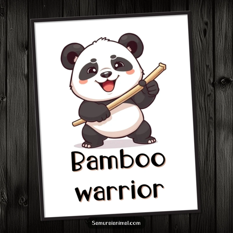 Funny plump panda comically wielding a toothpick sword with a determined grin, a humorous digital art print.