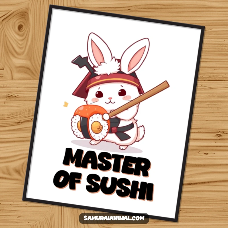 Funny digital art print of a white rabbit in a samurai helmet humorously fighting a sushi roll with a tiny sword.