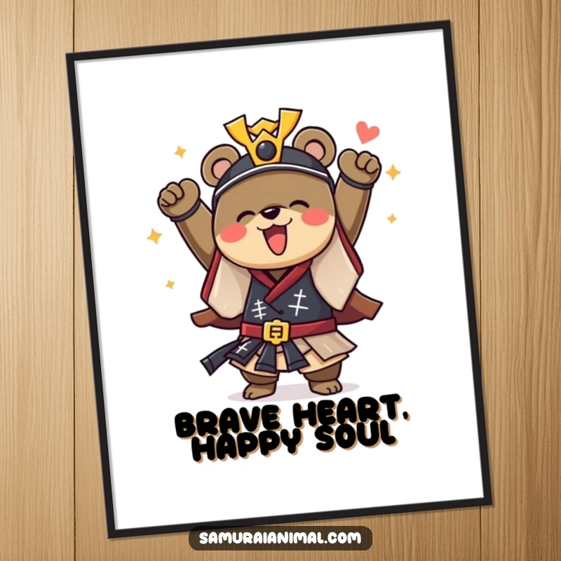 Funny digital art print of a courageous bear in a samurai outfit, cheering triumphantly with pure joy, embodying strength and spirit.