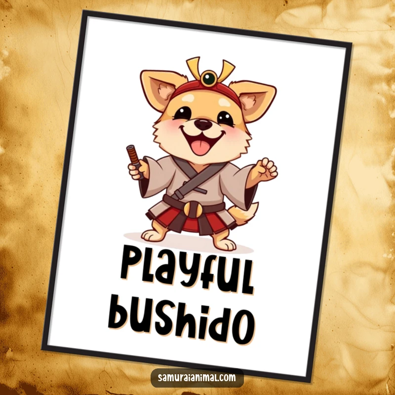 Funny Digital Art Print of a happy dog in a traditional samurai tunic, striking a playful warrior pose.