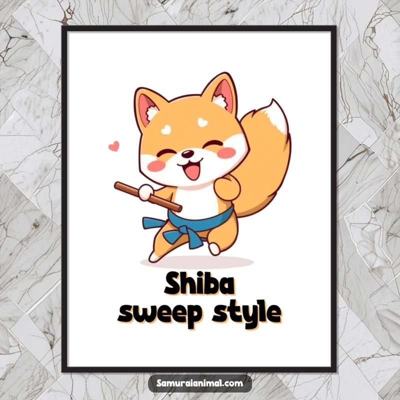 Funny Shiba Inu digital art print showing a playful dog performing a low sweep with a wooden stick, ideal for whimsical wall decor.