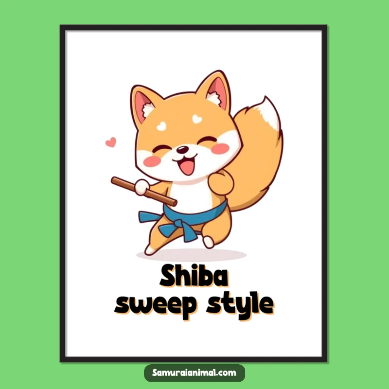 Funny Shiba Inu Stick Sweep Digital Art Print Instant Playful Dog Decor