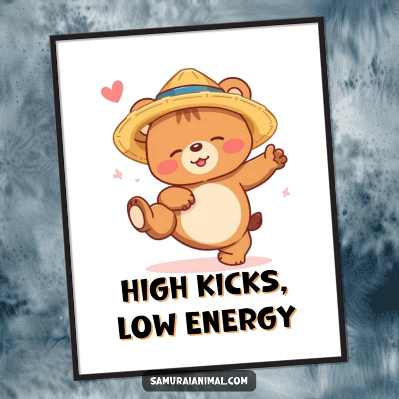 Funny bear cub digital art print of a sleepy bear in a straw hat, smiling while attempting a high kick, ready for download.