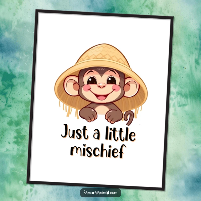 Funny digital art print of a nimble monkey character with a wide grin peeking playfully from behind a straw hat, exuding jungle charm.