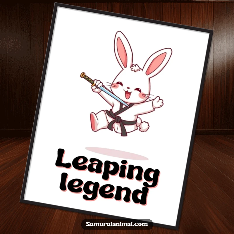 Funny digital art print of a cheerful bunny performing a karate kick, bringing dynamic action and humor to any space.