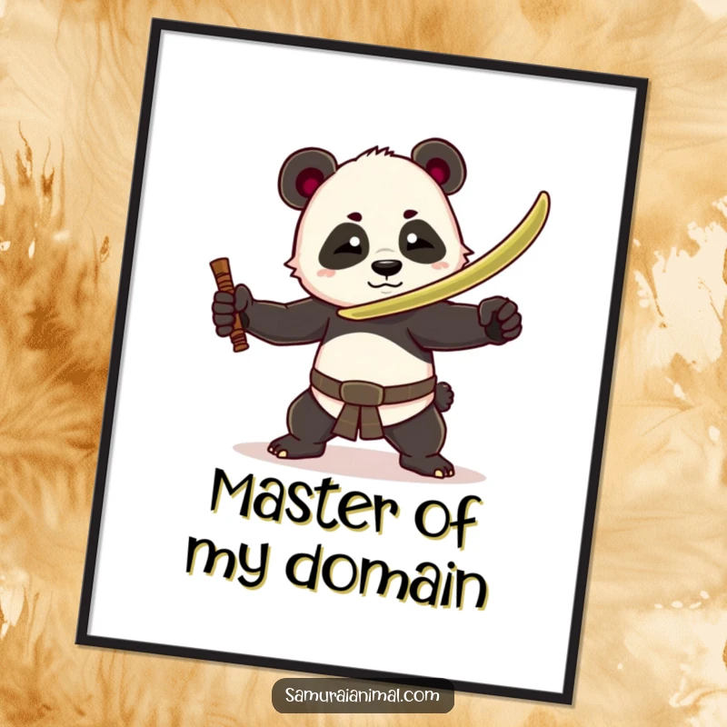 Funny panda warrior digital art print of a dramatic pose with a bamboo sword, perfect for humorous wall decor.