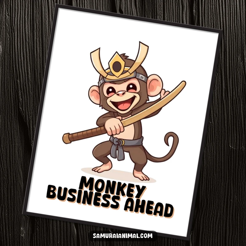 Funny digital art print of a happy monkey in a samurai mask, joyfully swinging a wooden sword, ready to bring energetic humor to any screen.