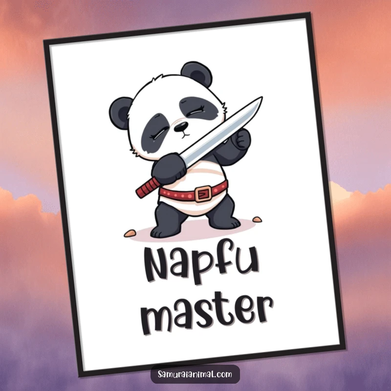 Funny Digital Art Print showcasing a sleepy panda in a hilariously awkward sword-fighting pose, perfect for instant, charming decor.