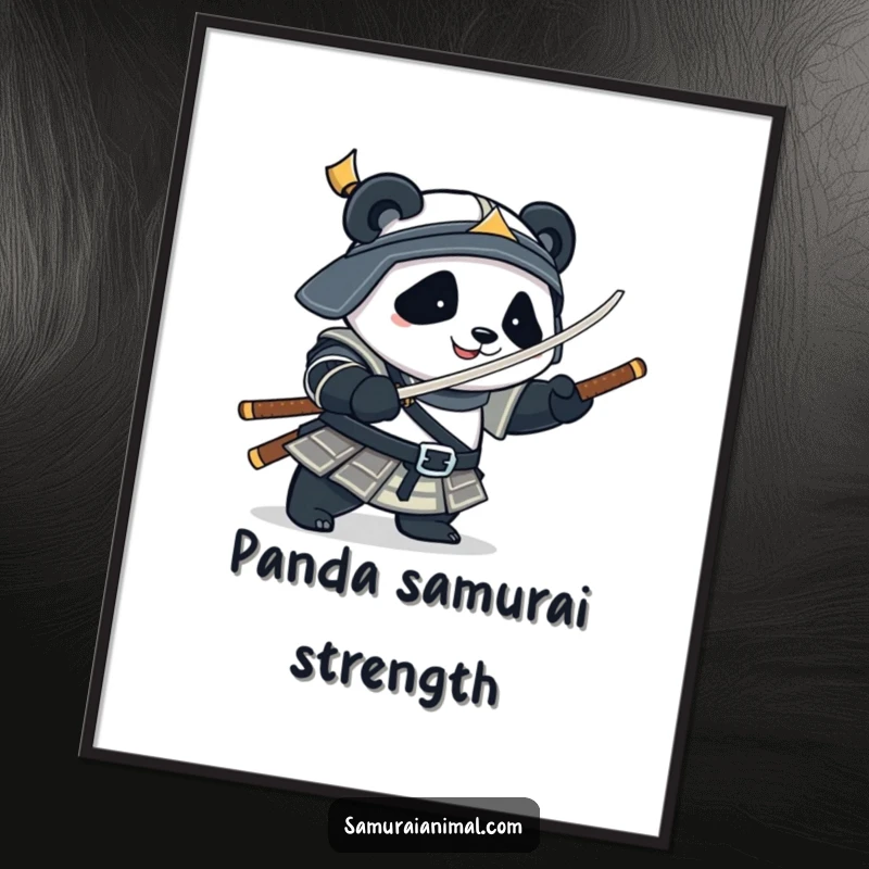 Funny Digital Art Print of a plump panda in samurai armor playfully spinning a bamboo sword, designed for immediate visual appeal.