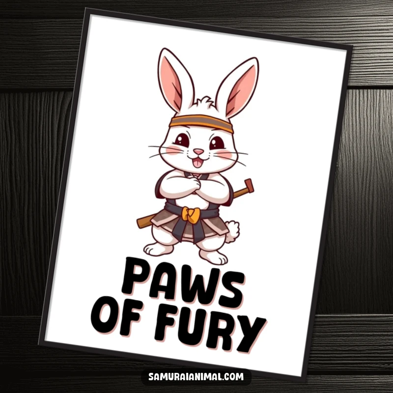 Funny Digital Art Print showcasing a cheerful rabbit in a dynamic samurai pose, paws crossed, perfect for instant, heroic decor.