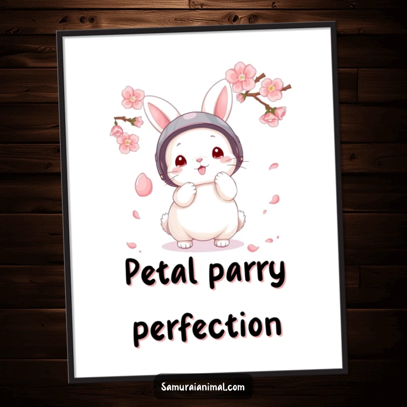 Funny Digital Art Print of a fluffy bunny in a tiny helmet parrying a falling cherry blossom petal.
