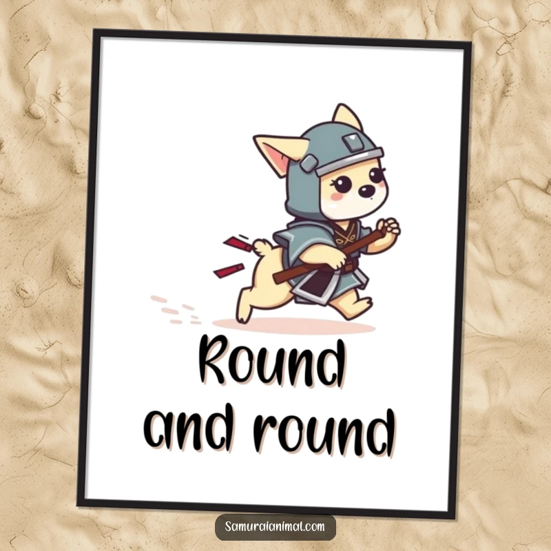 Funny Dog Samurai Digital Art of a tiny dog warrior playfully chasing its own wagging tail.