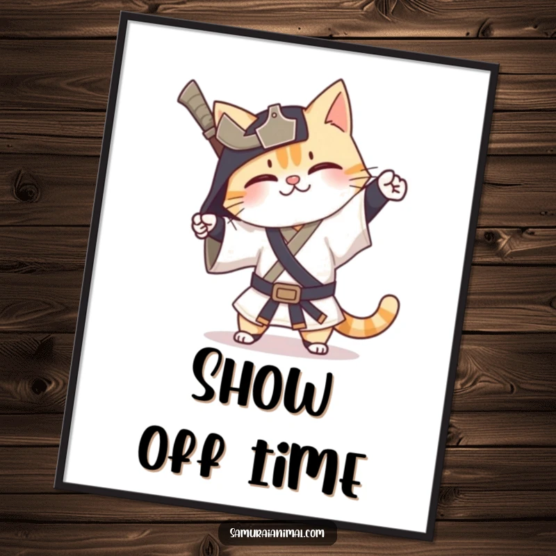 Funny Cat Samurai Digital Art of a very happy cat warrior performing a silly, exaggerated bow.
