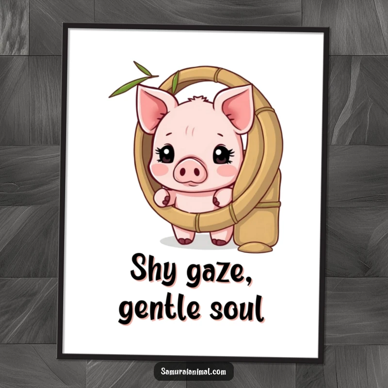Funny digital art print of a shy piglet peeking from behind a bamboo shield, ideal for creating a cute and charming atmosphere.