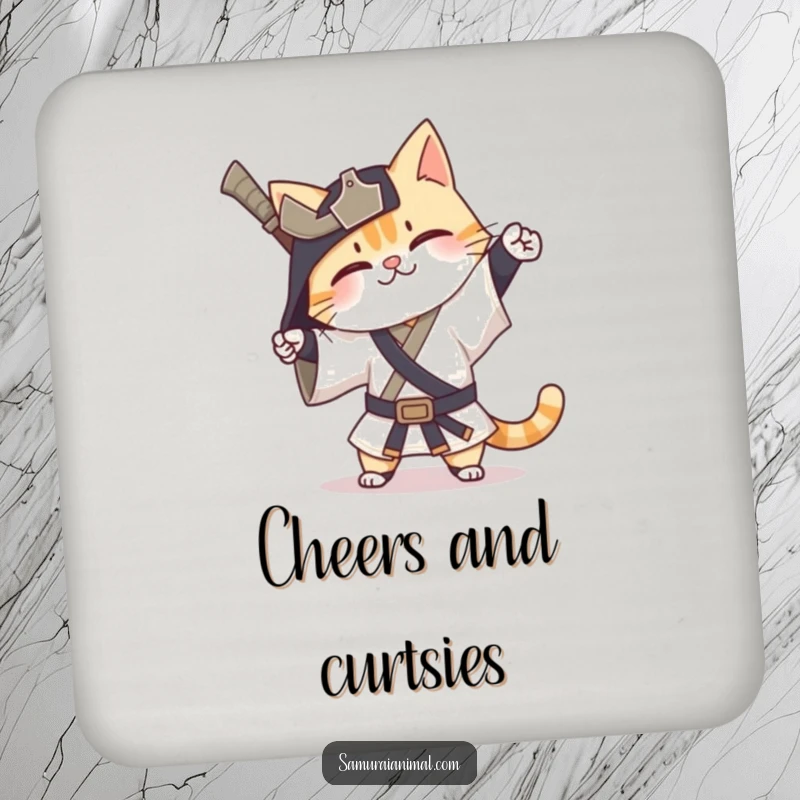 Funny Cat Samurai Coasters showcasing a happy cat warrior performing an exaggerated bow, protecting surfaces with humor.