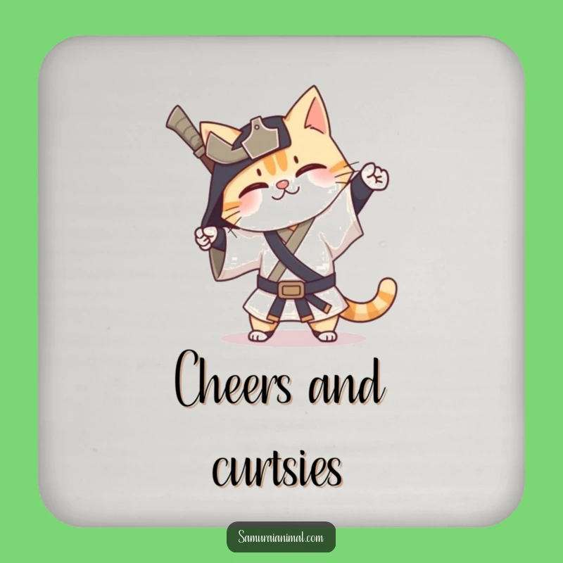 Funny Cat Samurai Coasters: Happy Exaggerated Bow Warrior Gift