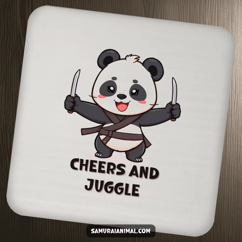 Funny Drink Coasters showing a cheerful panda with a wide grin, juggling three tiny katanas, stylish and protective.