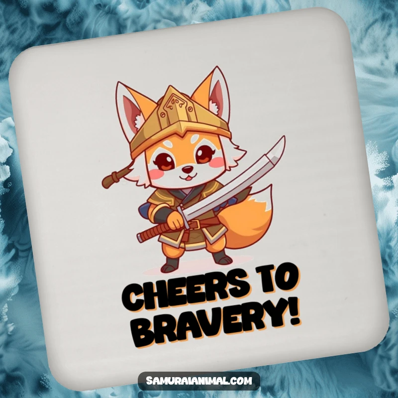 Funny Fox Warrior Coaster, a cheerful fox in a helmet brandishes a toy sword, protecting surfaces.
