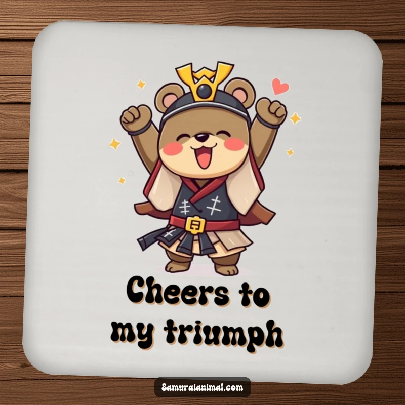 Funny drink coaster with a courageous bear dressed as a samurai, cheering with joy, protecting surfaces with heroic charm.