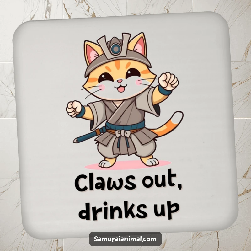 Funny drink coaster depicting a cheerful cat confidently striking a dynamic samurai pose with a gentle smile, ready for duty.