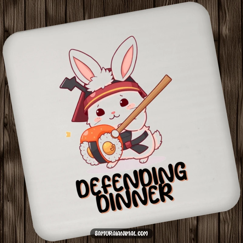 Funny drink coaster with a fluffy white rabbit in a samurai helmet humorously parrying a sushi roll with its sword.