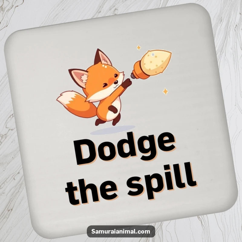 Funny tiny fox artfully dodging an oversized imaginary projectile on a drink coaster, a humorous design for protecting surfaces.