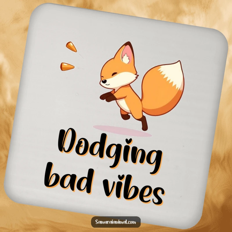 Funny drink coaster depicting a tiny fox artfully dodging a soft, oversized imaginary projectile with a humorous, swift motion.