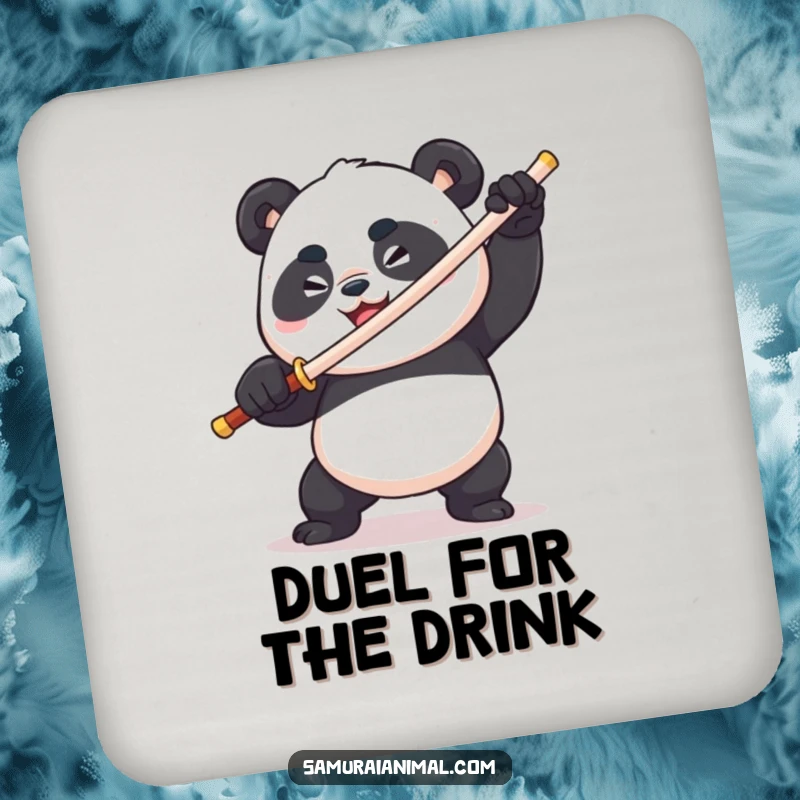 Funny plump panda wielding a toothpick sword, fierce & comical, determined grin, warrior drink coaster, protective surface.