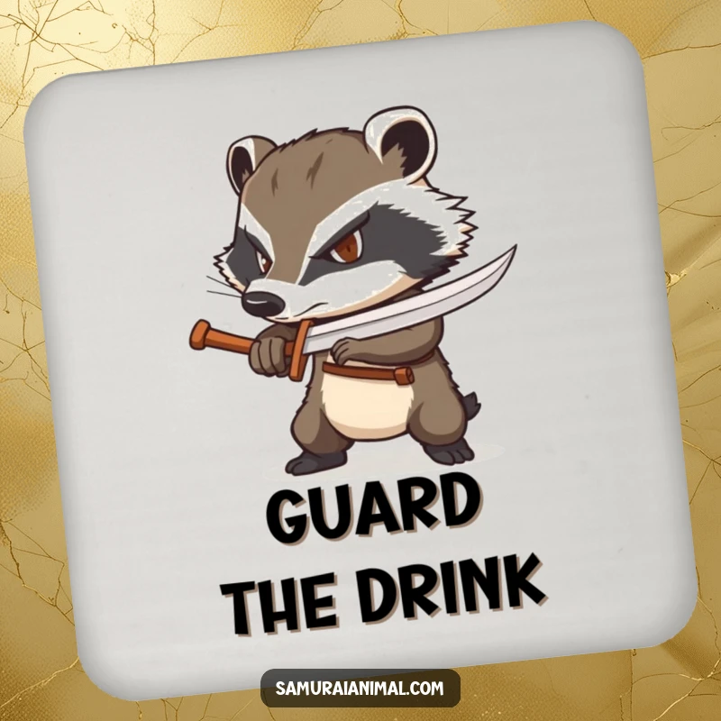 Funny badger coasters featuring a determined badger wielding a tiny wooden sword, protecting surfaces with grit.