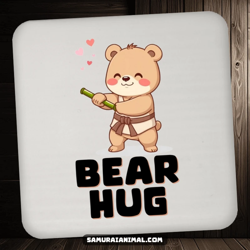 Funny drink coasters with a happy bear practicing sword swings, adding a humorous martial arts theme to surface protection.