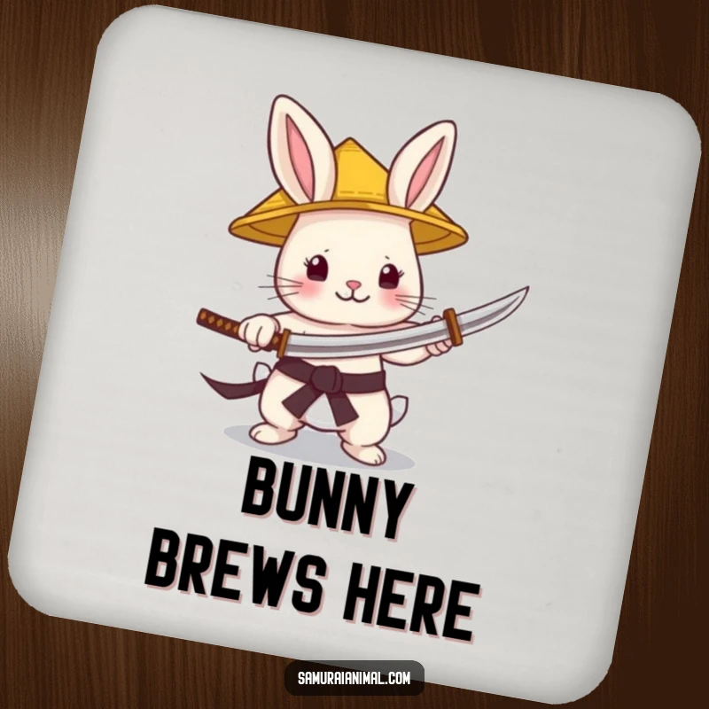 Funny Drink Coasters showcasing a tiny bunny samurai in a straw hat gleefully holding a minuscule katana, protecting your surfaces.